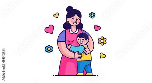 A happy mother embracing her child surrounded by colorful hearts and flowers in a joyful illustration