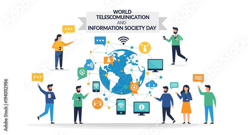 Global Connection Celebrated on World Telecommunication and Information Society Day with People Using Various Devices