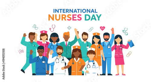 Diverse group of medical professionals celebrating International Nurses Day with joy and enthusiasm