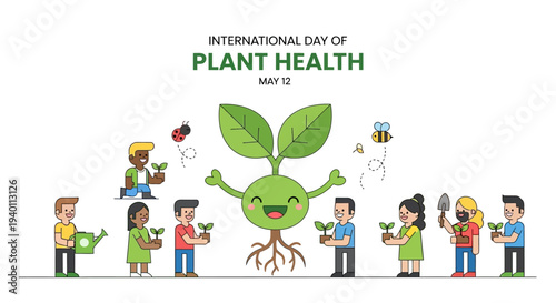 Diverse people celebrating International Day of Plant Health with a cheerful green plant illustration