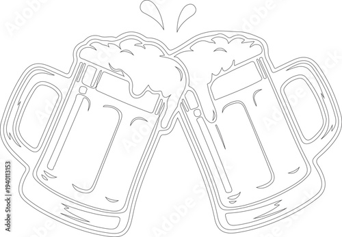 Cheers concept with Clinking beer mugs with splashing foam and typography, black and white vector illustration.