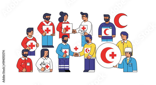 Diverse medical volunteers gathered together holding red cross symbols and emblems in a collaborative effort