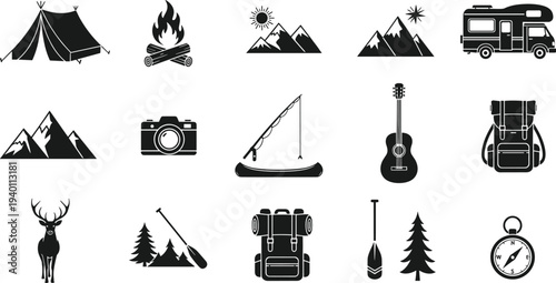 Camping and Outdoor Adventure Icons Set Tent Campfire Mountain Backpack Canoe Vector Illustration