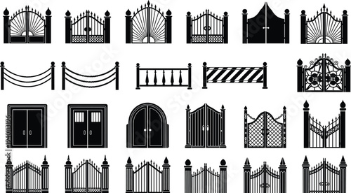 Black silhouette collection of decorative metal gates, classic iron fences, stone pillars, and security barriers for residential property and garden design,