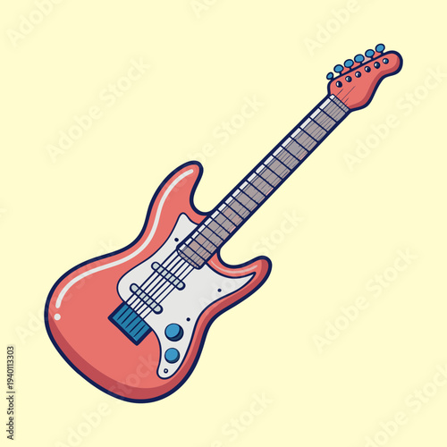 Cartoon style illustration of an electric guitar on a light yellow background