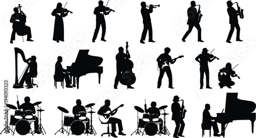Black silhouette collection of professional musicians playing various instruments like piano drums guitar and violin for orchestra and jazz band,