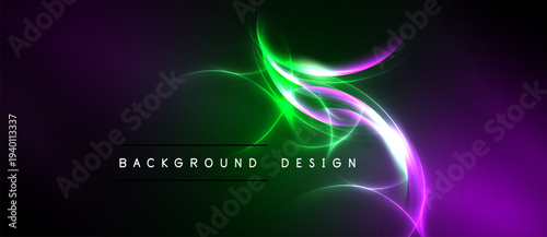 Abstract vibrant design features swirling light streaks. Purple, green hues dominate dark background. Text reads background design.