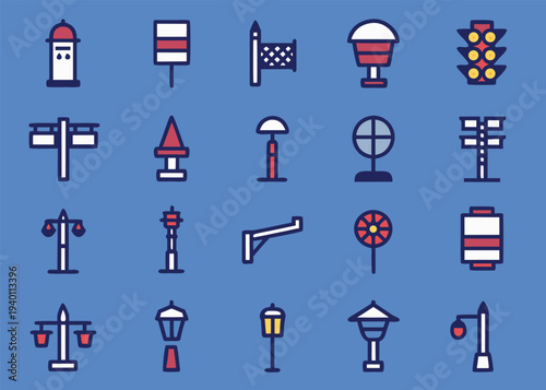 Twenty distinct street light and traffic signal icons with navy blue outlines and red and yellow fills displayed on a solid blue background.