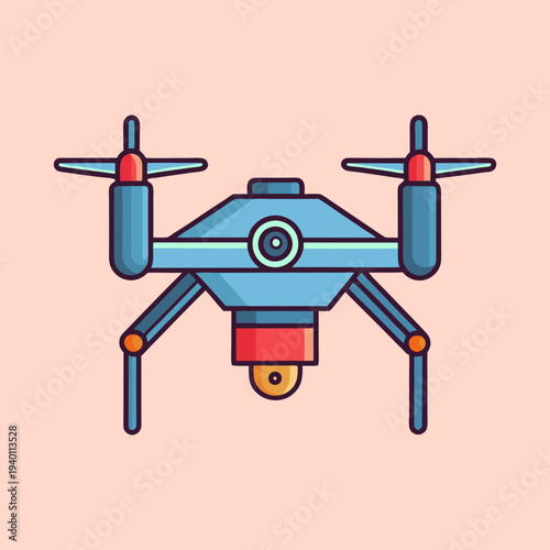 Modern cartoonish drone with camera on pink background simple illustration