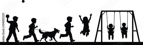 Black silhouette of children playing at playground with swings, running with dog, and throwing ball for happy childhood and park,