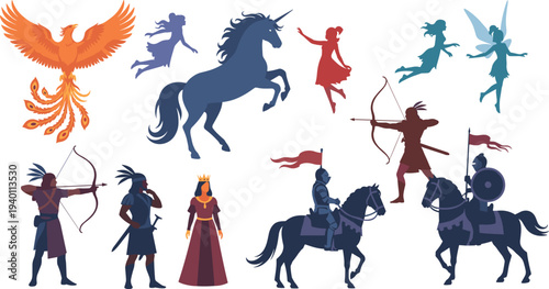 Fantasy Characters and Mythical Creatures Silhouettes Set Phoenix Unicorn Knights Fairies Vector Illustration
