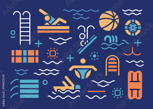Light blue orange and white icons depicting swimming pool activities like diving and playing with beach balls on a dark blue background.