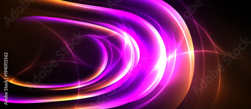 Abstract light streaks form curved shapes. Vivid purple, orange hues dominate dark background. Dynamic energy radiates from central point.