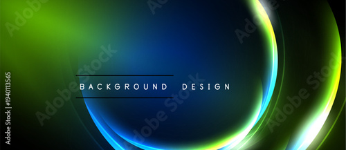 Abstract background features vibrant green, blue gradients. Circular light effects create dynamic visual impact. Text reads background design.