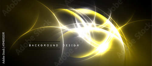 Abstract golden lines create luminous energy flow. Dark background emphasizes bright, swirling light patterns. Modern design element.