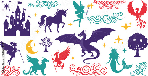 Fantasy Fairytale Elements Set Unicorn Dragon Castle Fairy Mermaid Silhouettes Vector Illustration