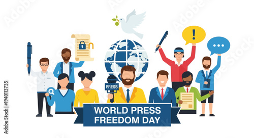 Diverse group of people celebrating World Press Freedom Day with global communication elements and freedom symbols