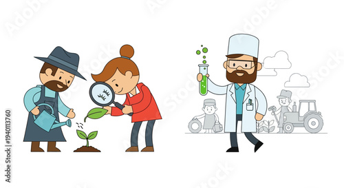Scientists Examining Plant Growth in Laboratory and Field Settings Illustration