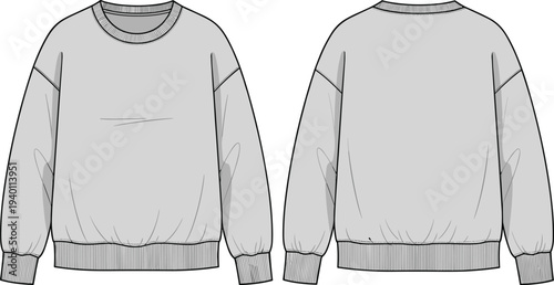 Technical fashion flat sketch of oversized crewneck sweatshirt with dropped shoulders and ribbed cuffs for apparel design development, CAD drawing flat vector illustration