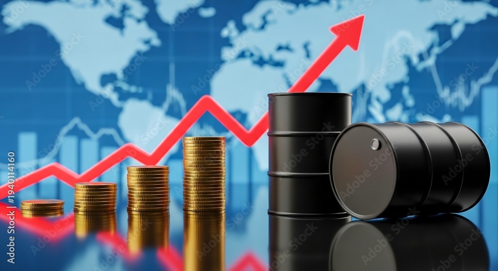Obraz premium Oil Price Surge with Barrels and Upward Chart on World Map