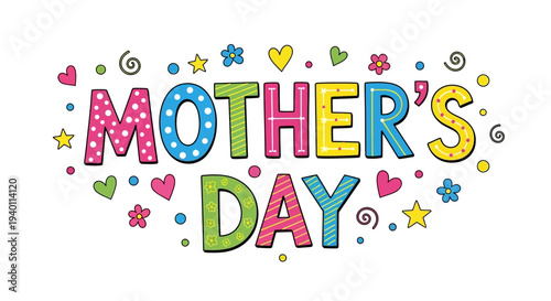 Colorful Mother's Day greeting card with floral decorations and celebratory typography