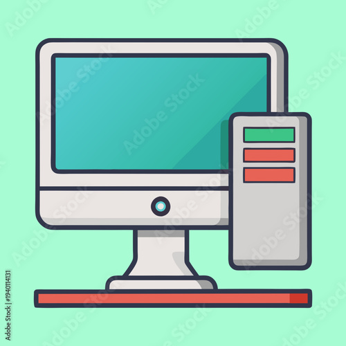 Cartoon Computer Setup with Central Processing Unit and Screen Displaying Teal