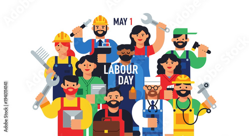 Diverse group of workers celebrating Labour Day with tools and flags in a vibrant illustration