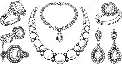Hand Drawn Jewelry Collection Diamond Rings Necklace Bracelet and Earrings Vintage Vector Illustration Set