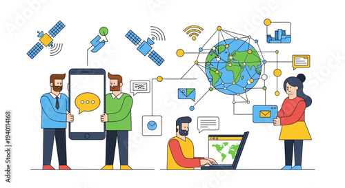 Global communication network illustration featuring people interacting with devices and satellite technology worldwide from a modern perspective