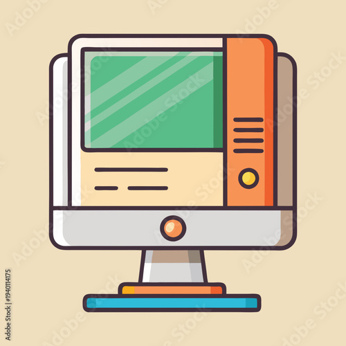 Illustration of a retro computer with a green screen and orange accents