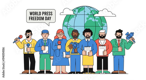 Diverse group of journalists celebrating World Press Freedom Day with Earth in the background