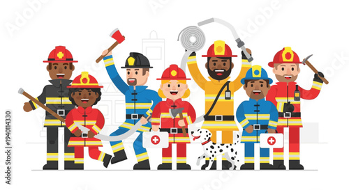 Diverse group of firefighters and their dog standing together in uniform, celebrating with equipment, vector illustration