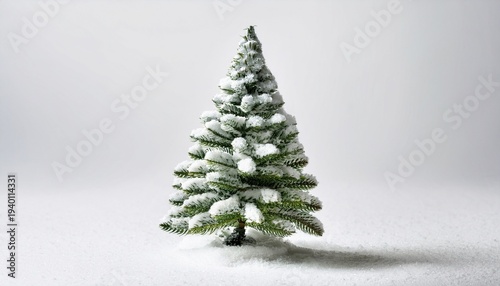 A Miniature Snow Covered Christmas Tree Stands Isolated On A Pure White Background