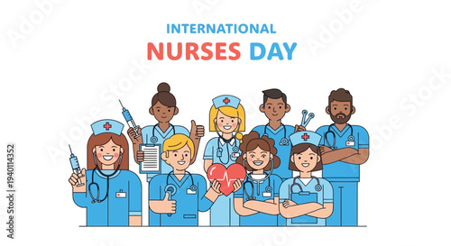 Diverse group of nurses celebrating International Nurses Day together in unity and solidarity