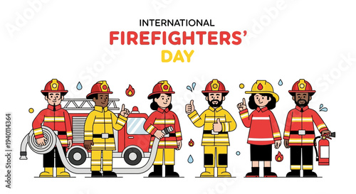 International Firefighters' Day illustration featuring diverse firefighters with truck and equipment