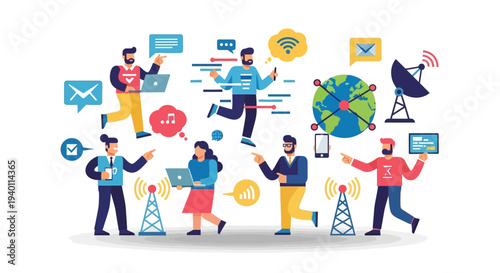 Global communication network illustration with people interacting, sharing information, and using technology to connect worldwide.