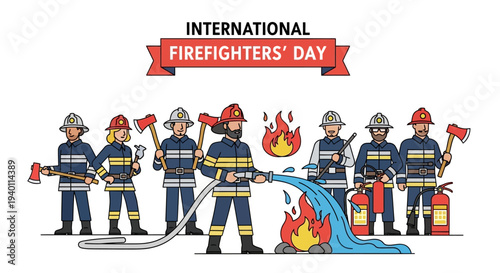 Firefighters in action on International Firefighters' Day, fighting fire with equipment and teamwork