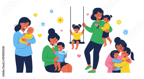 Happy mothers playing and cuddling with their babies in a joyful playground atmosphere from a front viewpoint