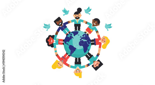 Diverse group of people forming a circle around the globe, illustration of global unity and cooperation