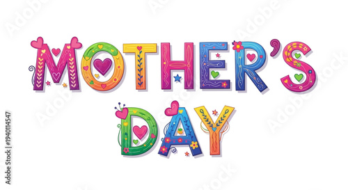 Colorful Mother's Day Illustration Featuring Hearts and Flowers, Celebrating Love and Appreciation on a Special Day
