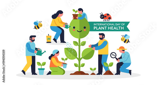 People nurturing a large plant with care and dedication in a vibrant illustration celebrating Plant Health