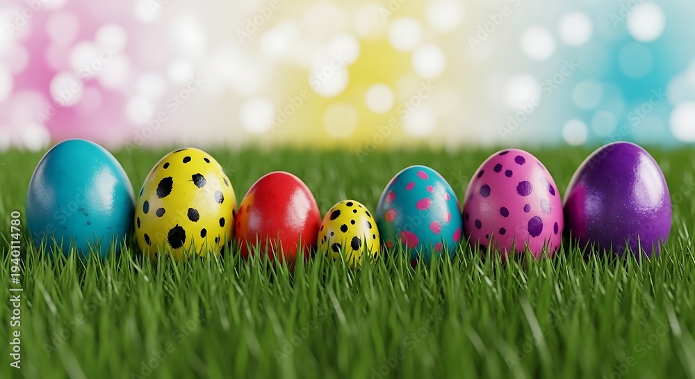 Fototapeta premium Colorful easter eggs in grass with bokeh background holiday decoration