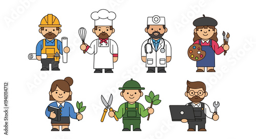 Diverse professions illustration featuring various occupations and tools in a simple, cartoon style