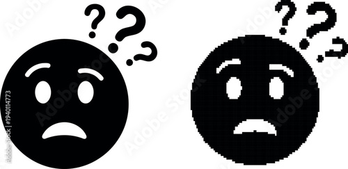 Confused black emoji with question marks above its head on transparent background