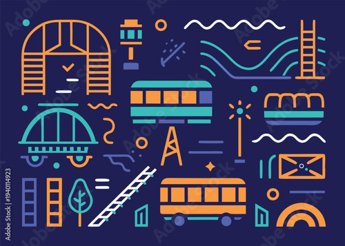 A set of railway and public transport icons including a station entrance, train cars, and a bus in orange, teal, and lavender colors on a dark navy background.