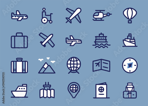 Twenty travel and transportation line icons including planes and suitcases are arranged in four rows on a solid slate blue background.