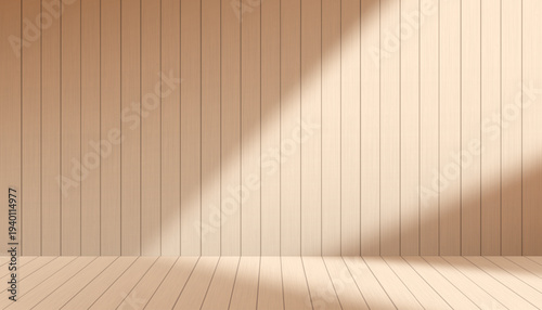 Wooden interior background.Vertical wood wall panels and light wooden floor.Minimal empty studio scene,soft sunlight,natural texture,Backdrop for Product display,Branding Mockup,Vector banner