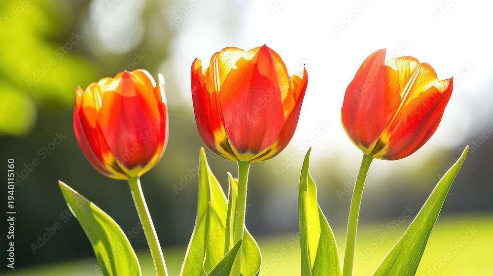 Fototapeta premium Radiant Trio of Tulips: Three vibrant tulips blossom in the gentle embrace of the sun, their petals ablaze with hues of red and yellow, offering a captivating spectacle of nature's artistry.