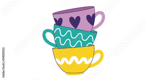 Stack of colorful decorative cups with heart and wave patterns white background
