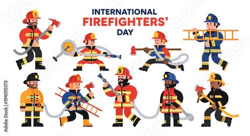 Firefighters in action on International Firefighters' Day, illustrated in various poses with equipment, celebrating bravery and service